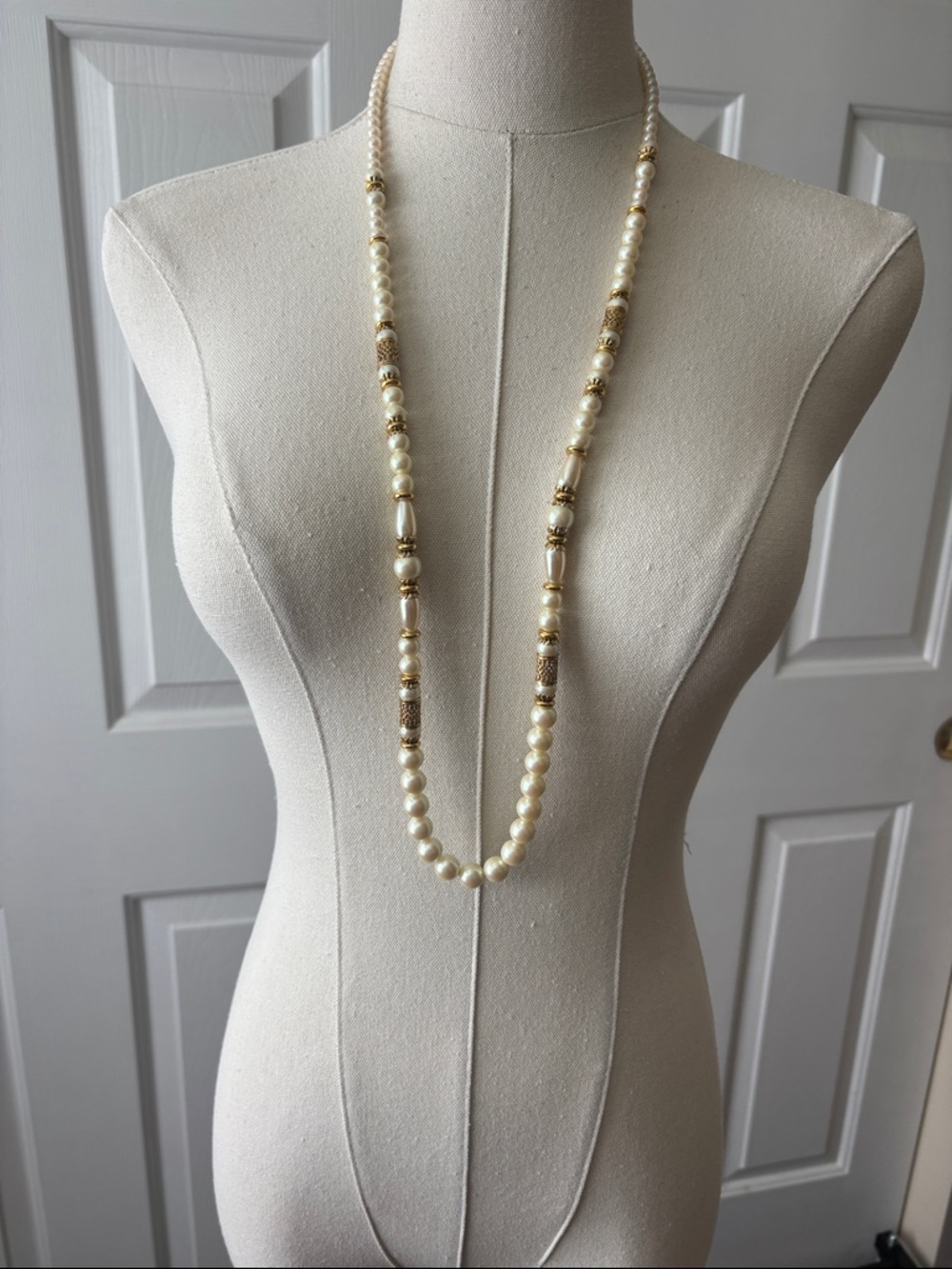 1928 Pearl Bead Long Necklace in Ivory and Gold